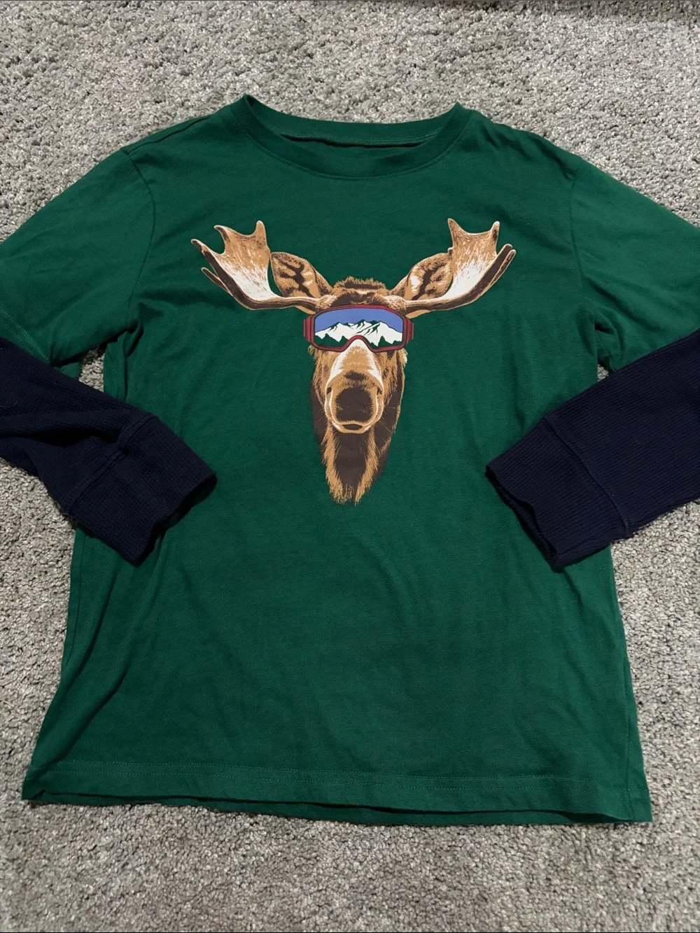 The Children's Place Green Moose Graphic Long Sleeve Tee with Navy Sleeves